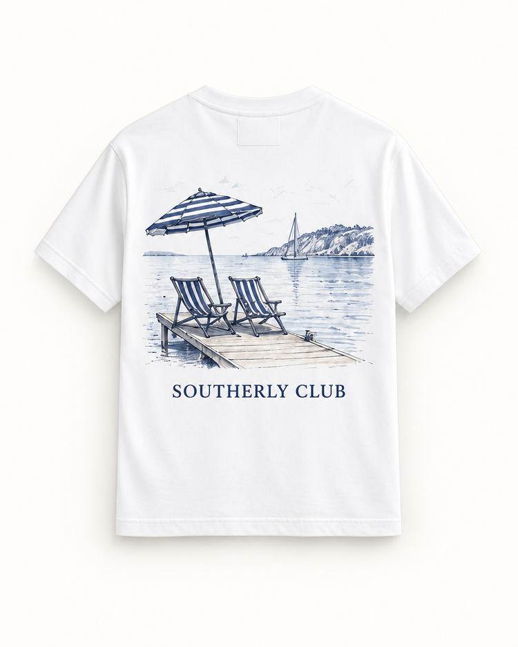 Southerly Club Jetty afternoon graphic tee, back design preview