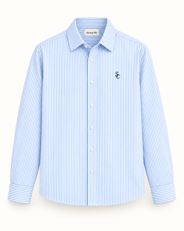 Southerly Club Blue pencil stripe shirt, front design preview