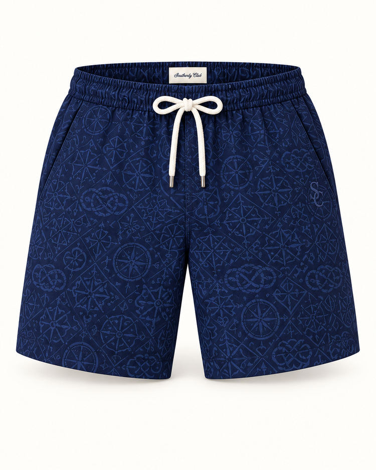 Southerly Club Navy tonal pattern swim shorts, front design preview
