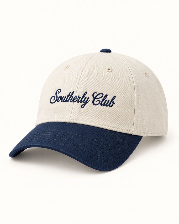 Southerly Club Cream navy script cap, front design preview