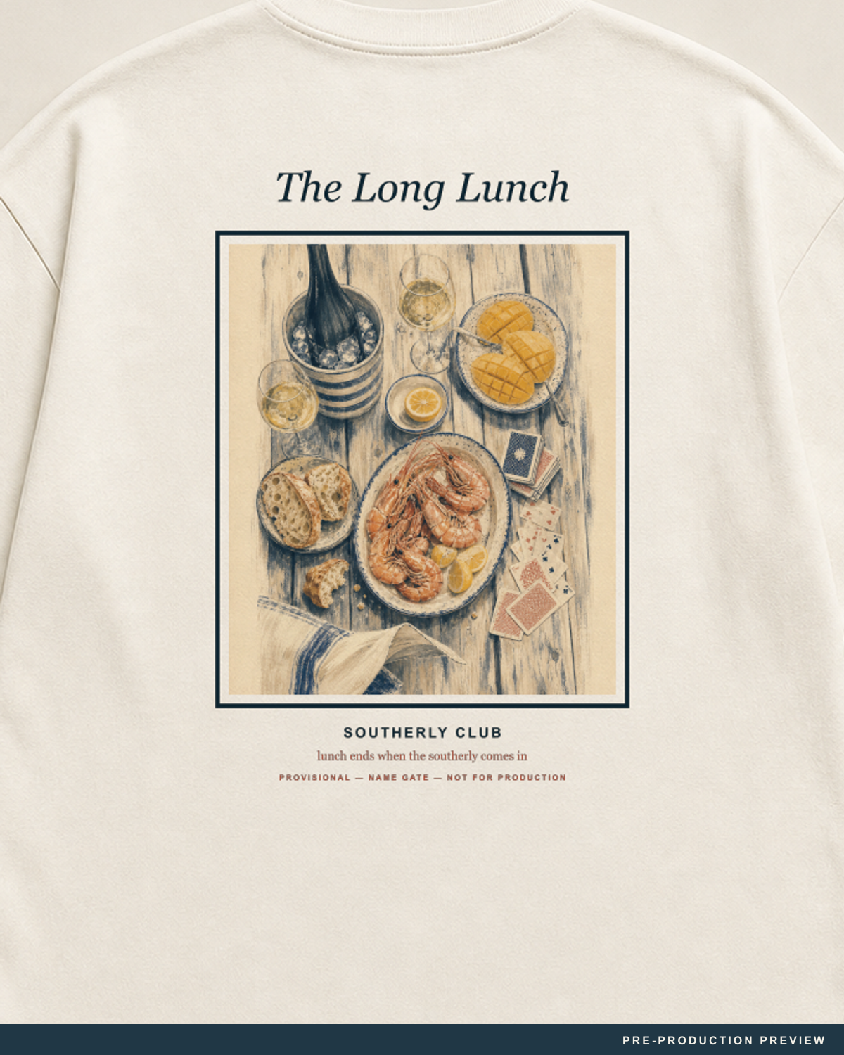The Long Lunch Tee, ecru tee, print detail, Southerly Club