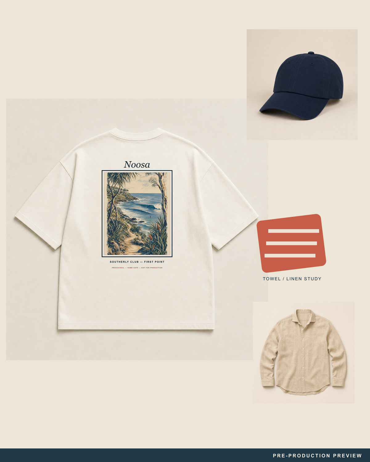 Noosa Tee, ecru tee, styled flat-lay, Southerly Club
