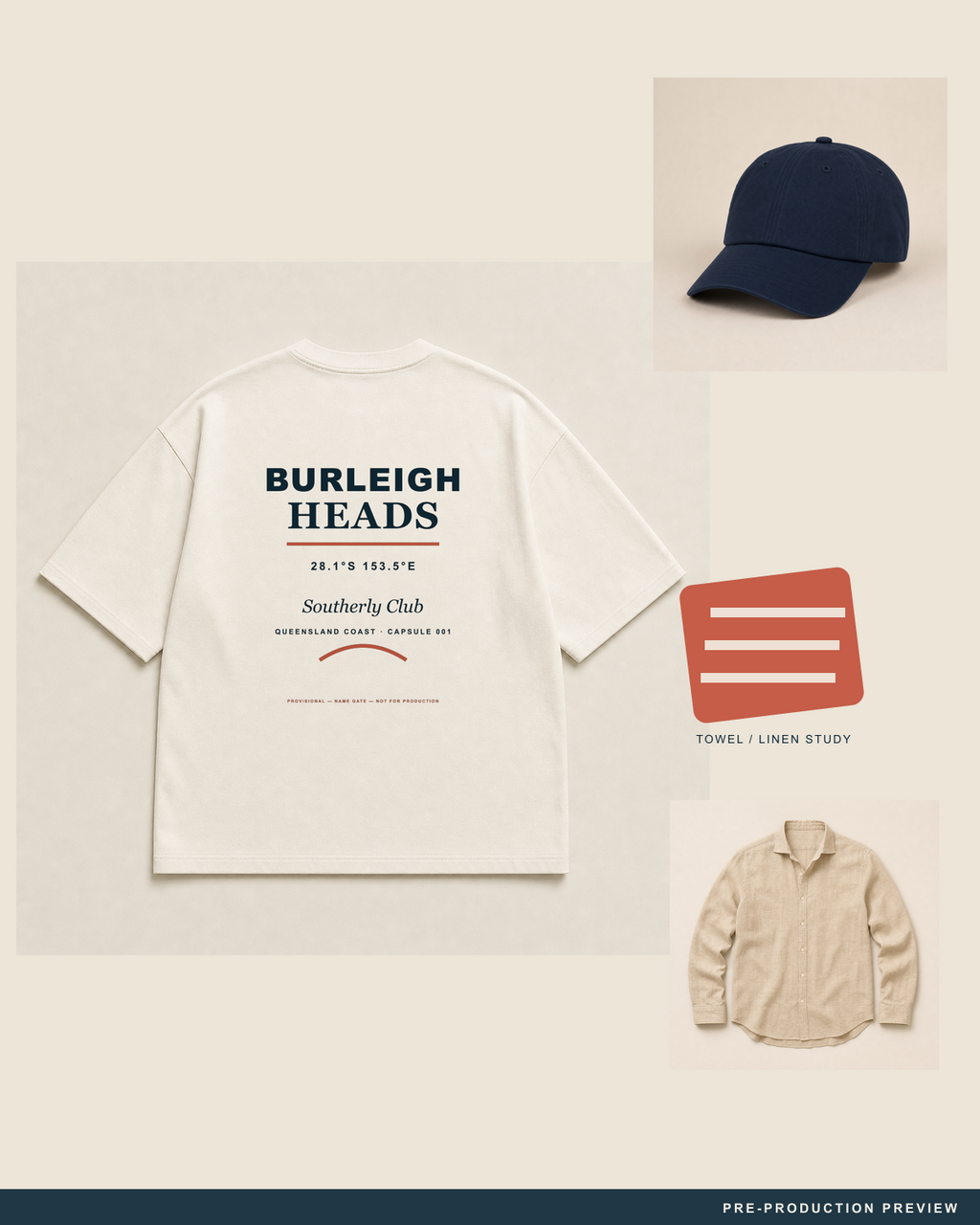 Burleigh Tee, ecru tee, styled flat-lay, Southerly Club