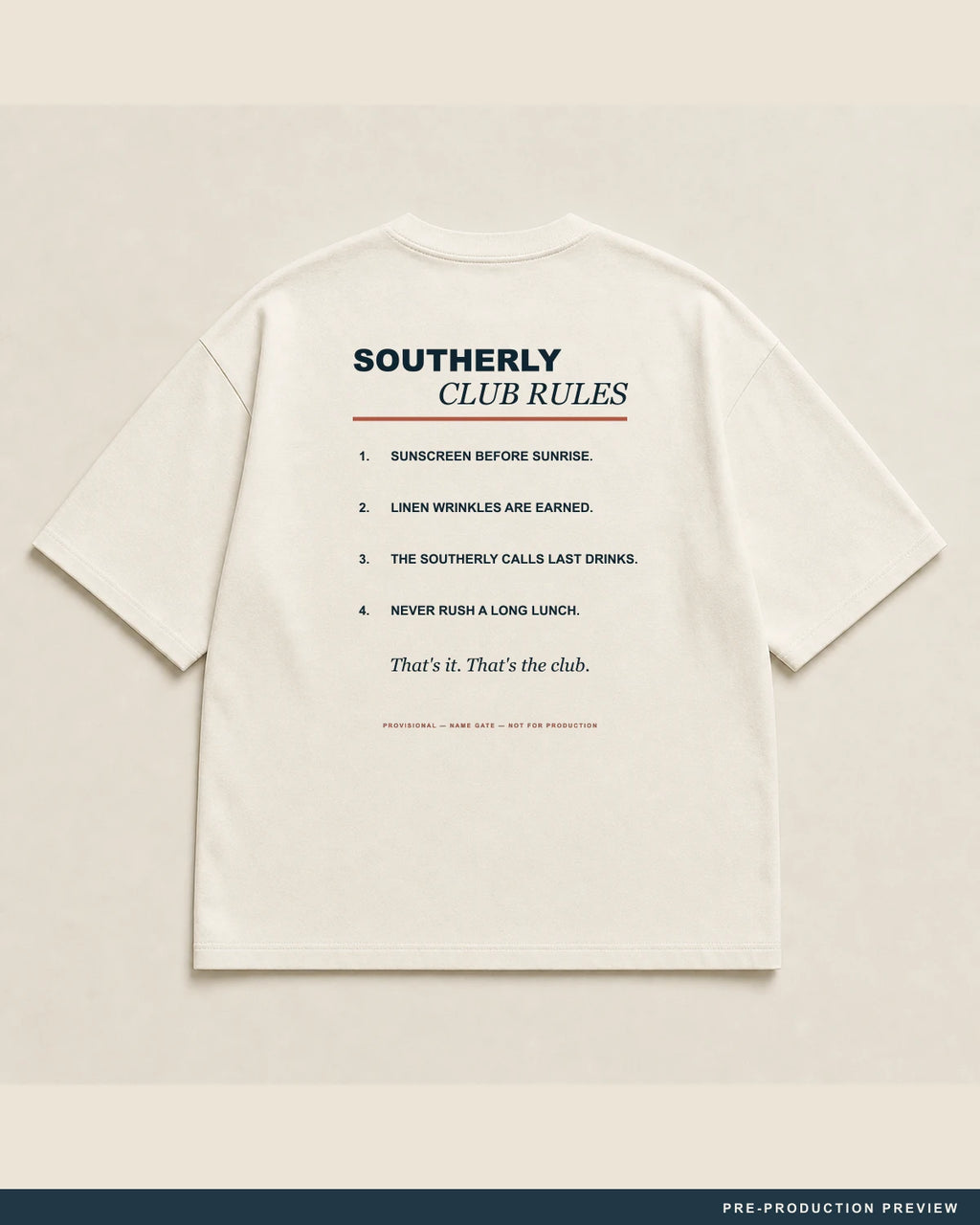 Southerly Club Rules Tee, ecru tee, back flat view, Southerly Club