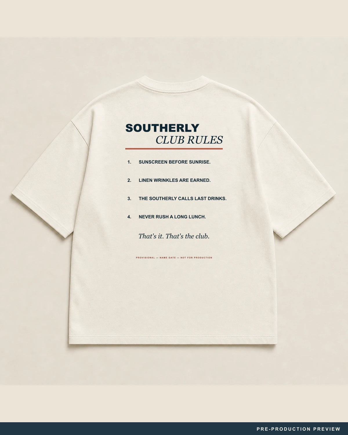 Southerly Club Rules Tee, ecru tee, back flat view, Southerly Club