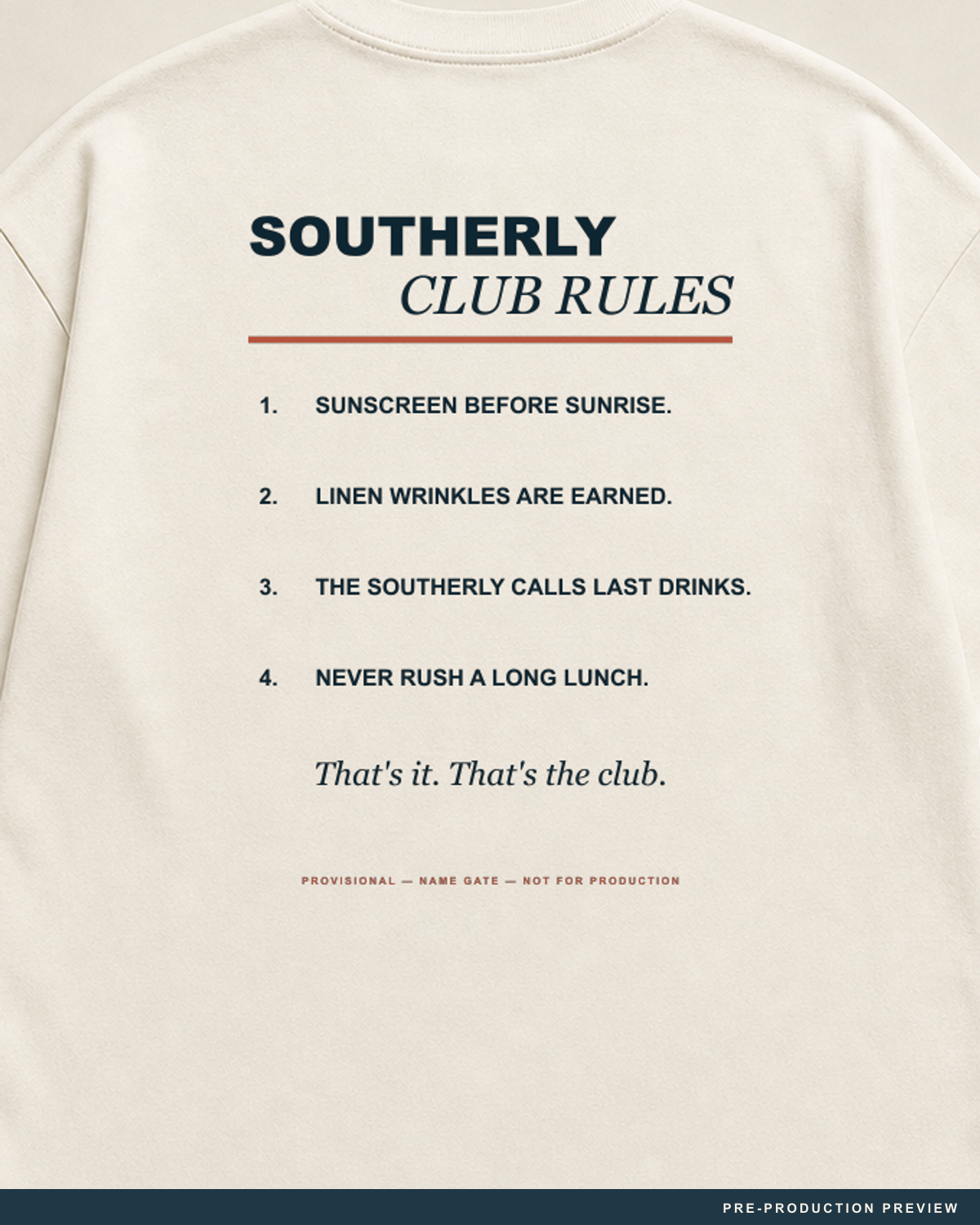 Southerly Club Rules Tee, ecru tee, print detail, Southerly Club