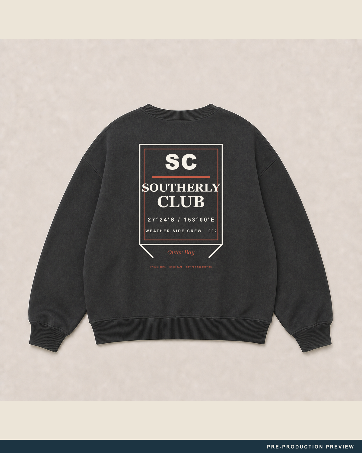 Southerly Crew, charcoal crewneck sweatshirt, back flat view, Southerly Club