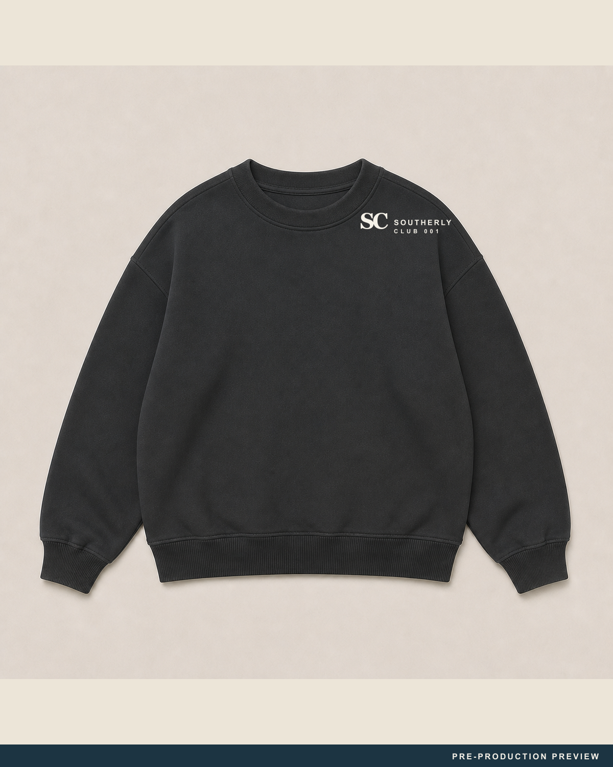 Southerly Crew, charcoal crewneck sweatshirt, front view, Southerly Club