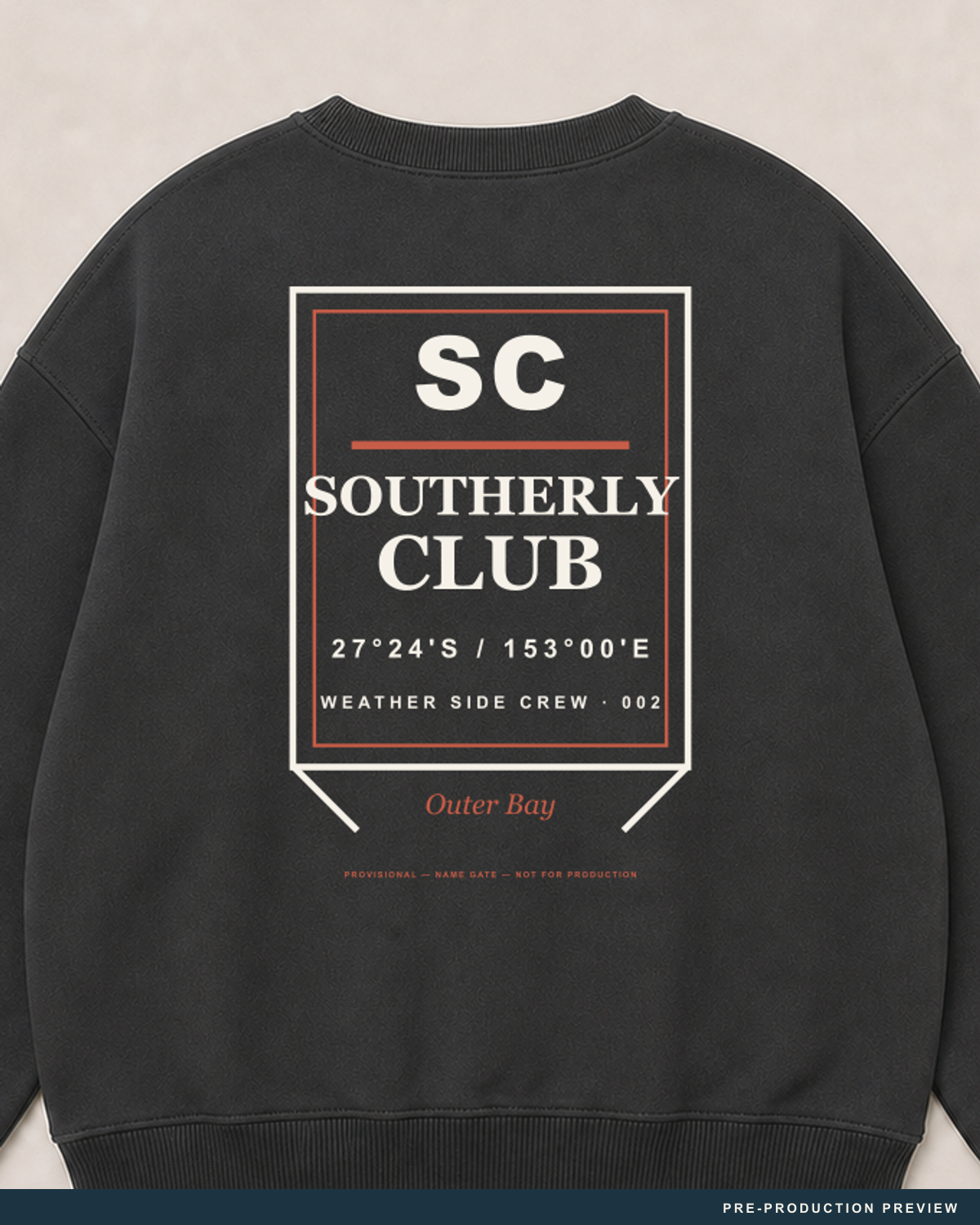 Southerly Crew, charcoal crewneck sweatshirt, print detail, Southerly Club