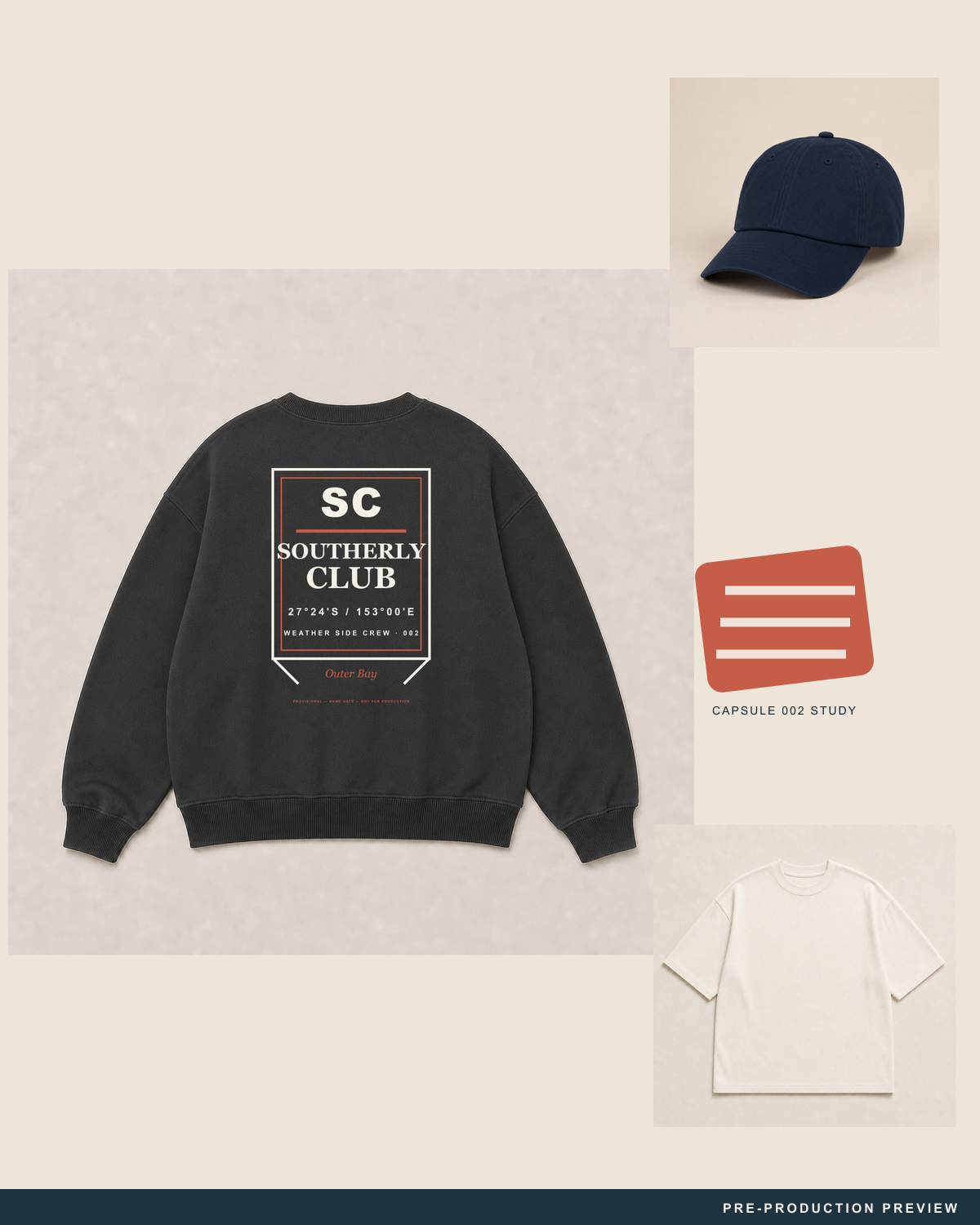 Southerly Crew, charcoal crewneck sweatshirt, styled flat-lay, Southerly Club