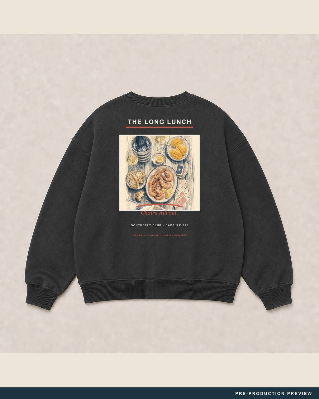 Long Lunch Crew, charcoal crewneck sweatshirt, back flat view, Southerly Club