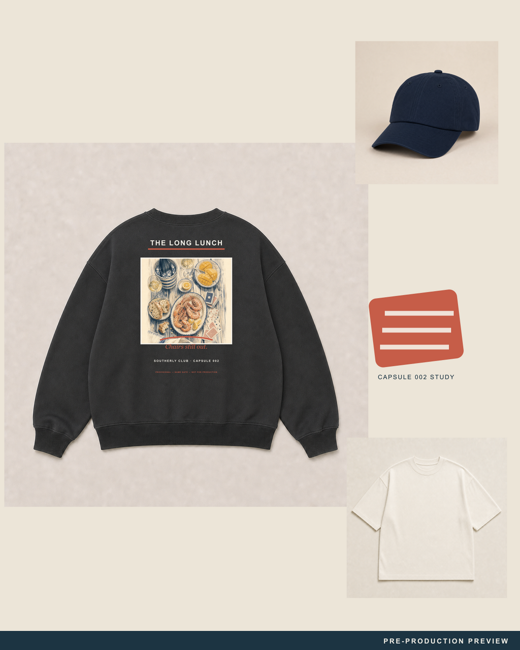 Long Lunch Crew, charcoal crewneck sweatshirt, styled flat-lay, Southerly Club