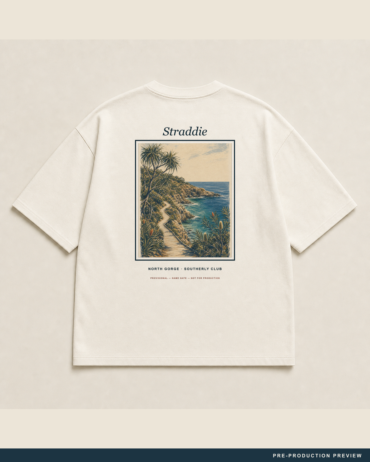 Straddie Tee, ecru tee, back flat view, Southerly Club