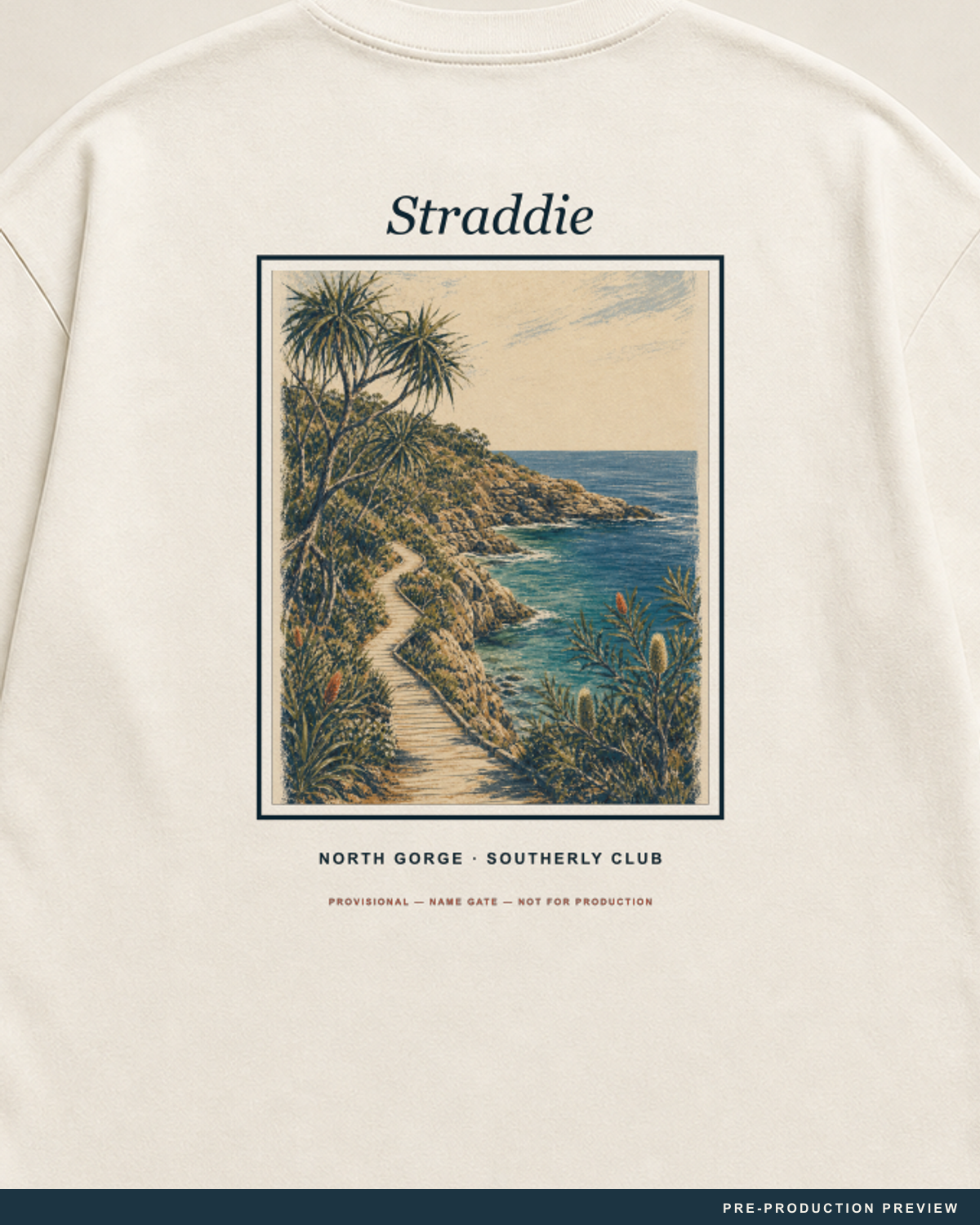 Straddie Tee, ecru tee, print detail, Southerly Club