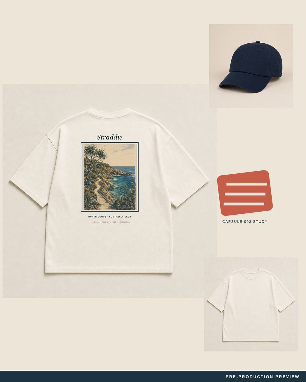 Straddie Tee, ecru tee, styled flat-lay, Southerly Club