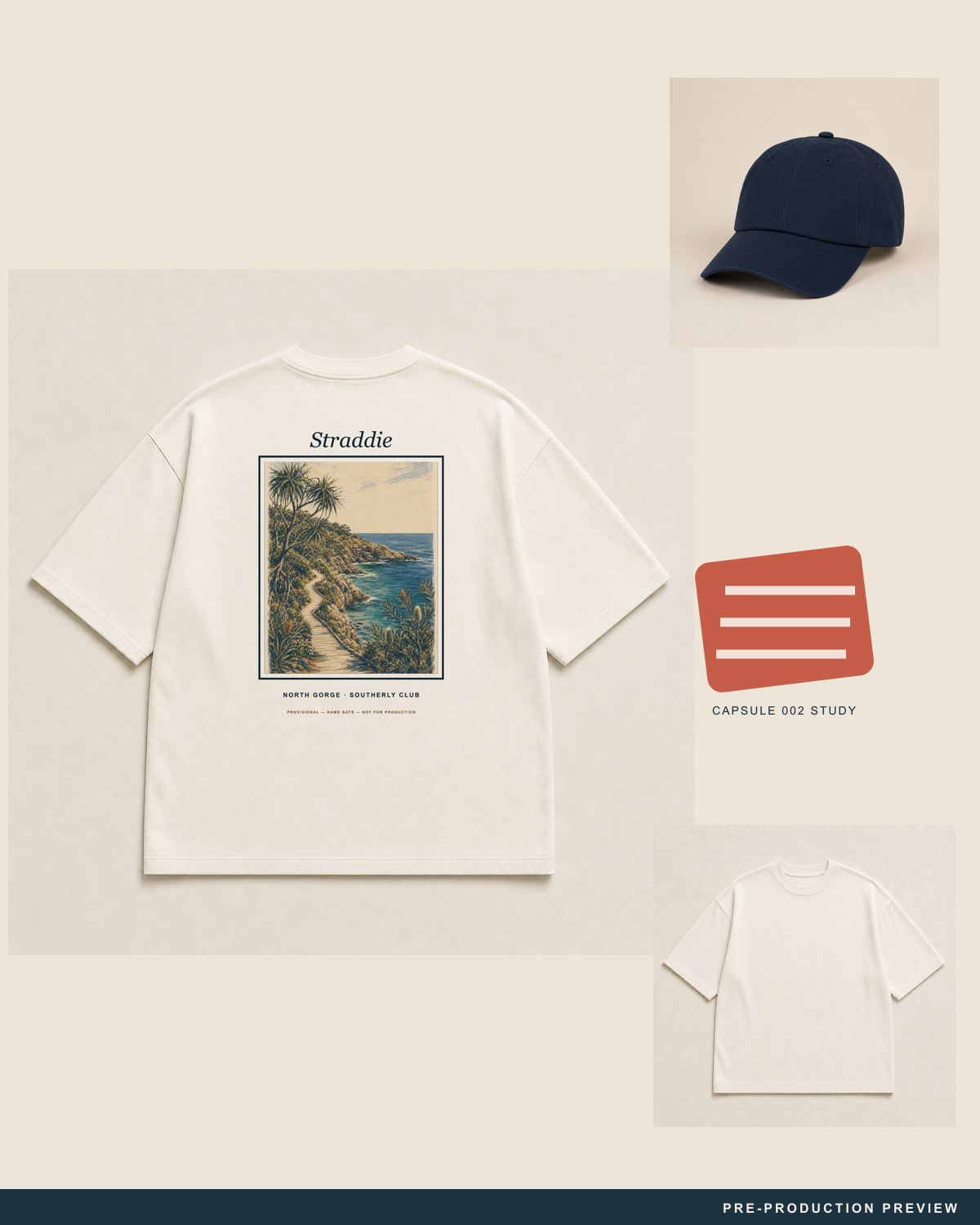 Straddie Tee, ecru tee, styled flat-lay, Southerly Club