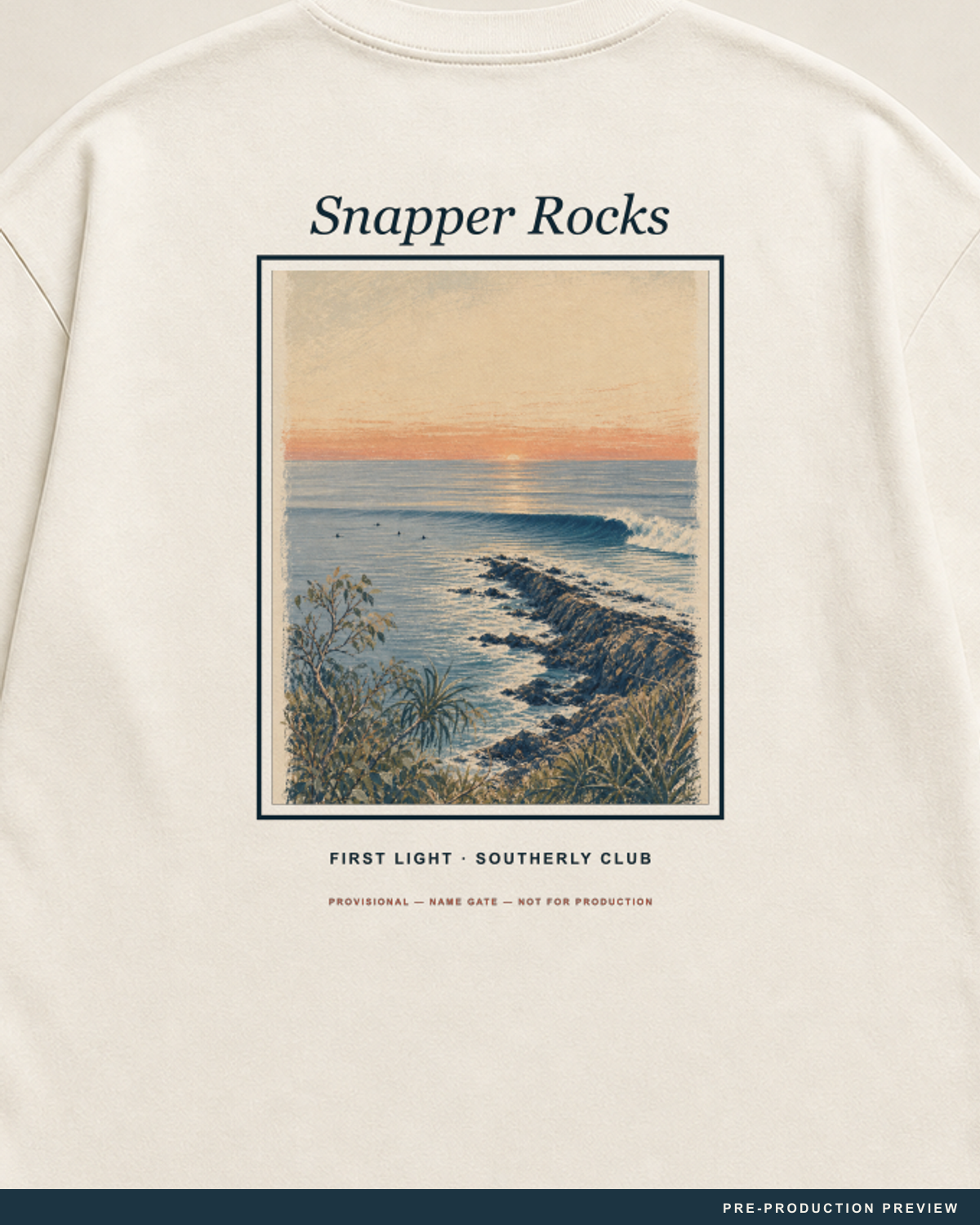 Snapper Rocks Tee, ecru tee, print detail, Southerly Club