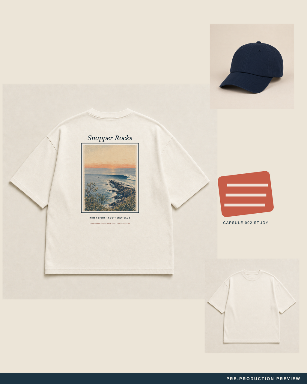 Snapper Rocks Tee, ecru tee, styled flat-lay, Southerly Club