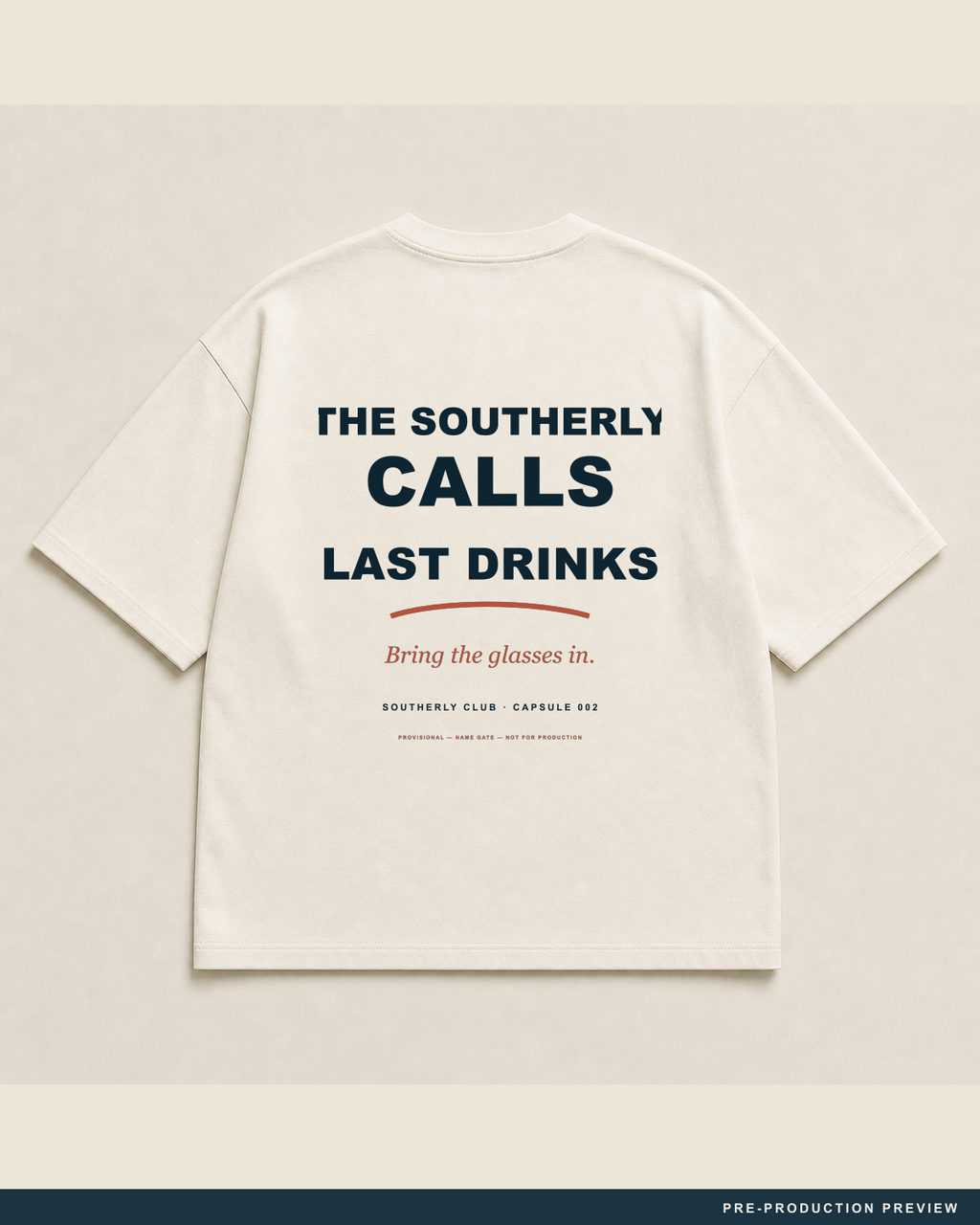 Last Drinks Tee, ecru tee, back flat view, Southerly Club