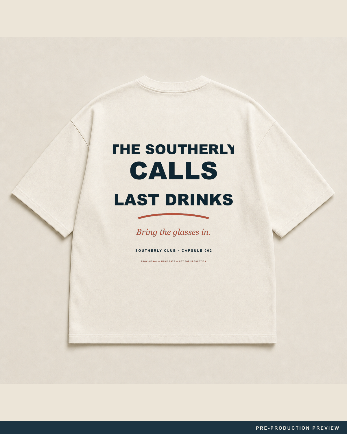 Last Drinks Tee, ecru tee, back flat view, Southerly Club