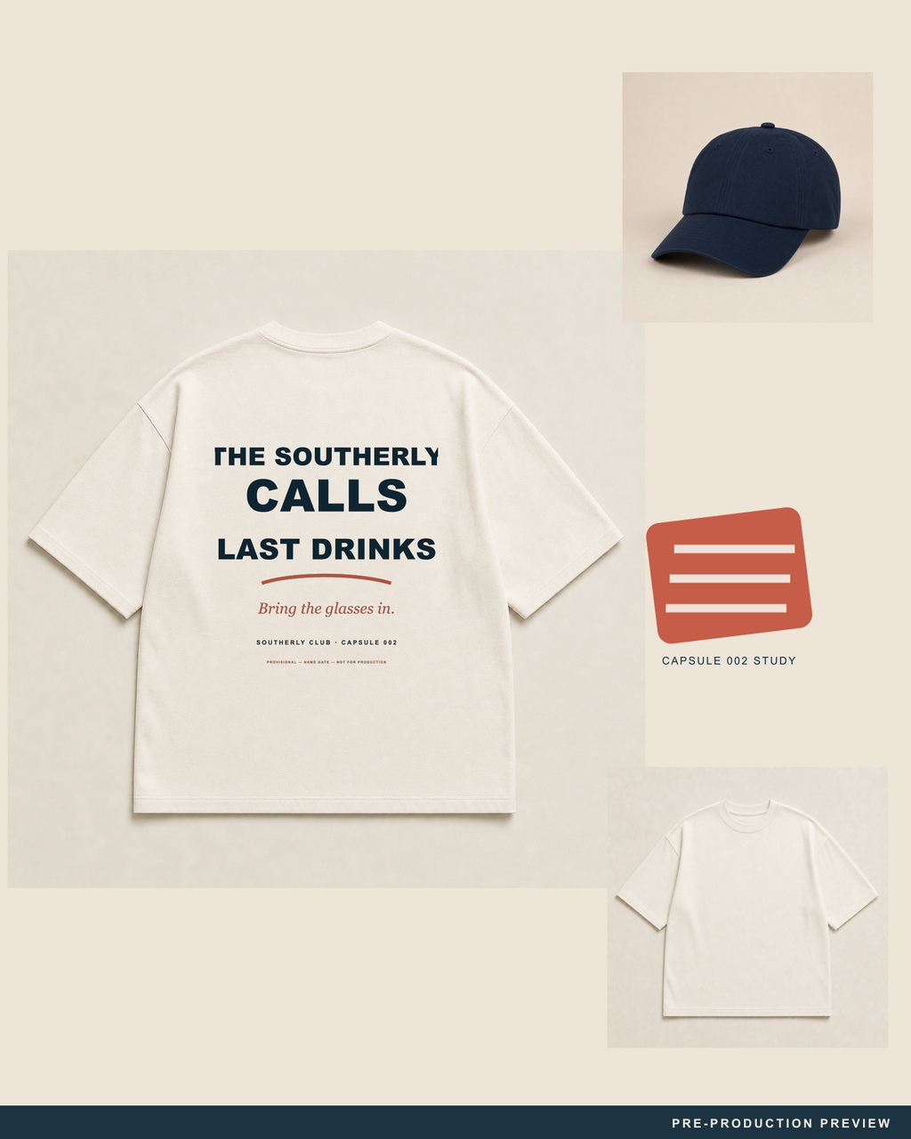 Last Drinks Tee, ecru tee, styled flat-lay, Southerly Club