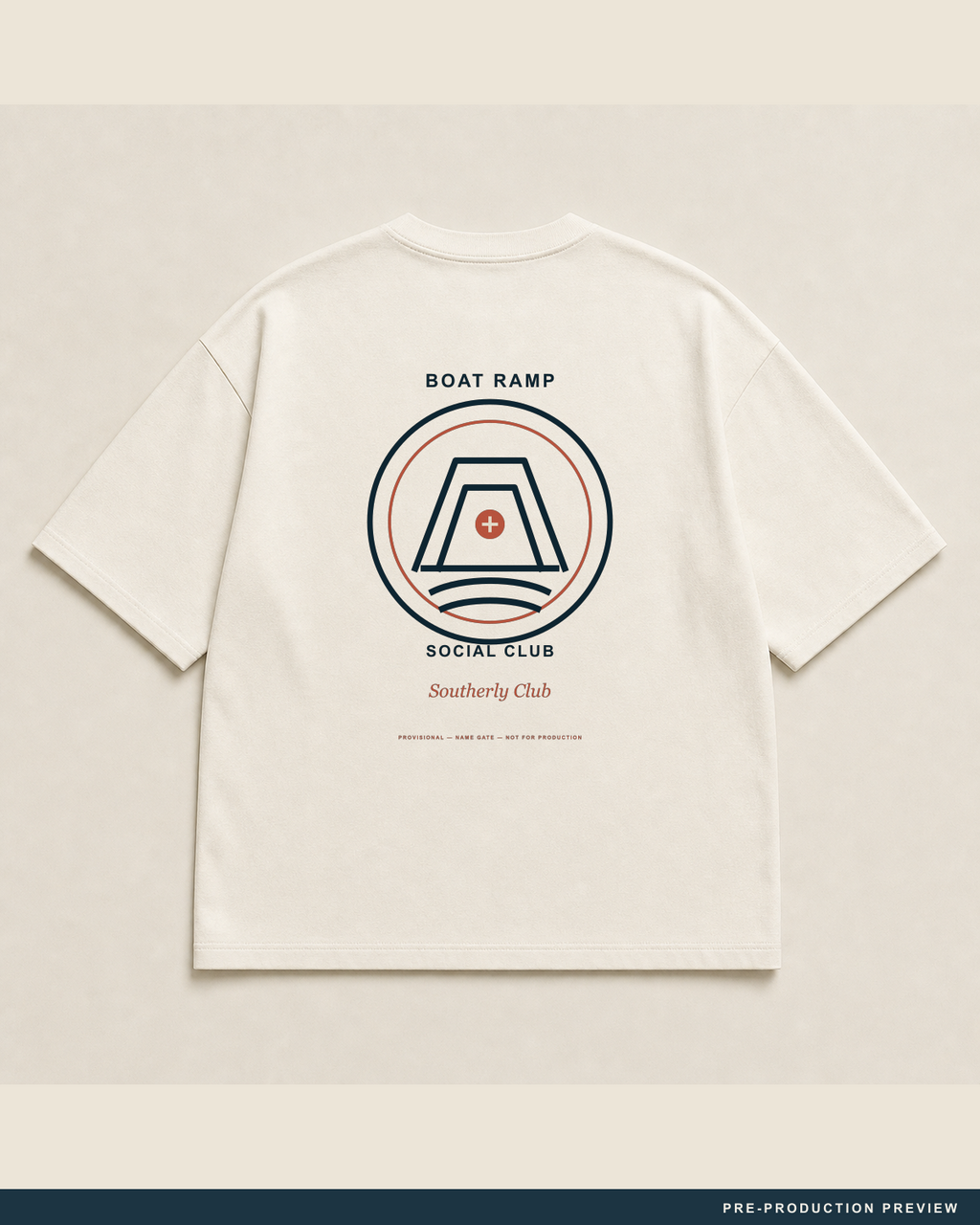 Boat Ramp Social Club Tee, ecru tee, back flat view, Southerly Club