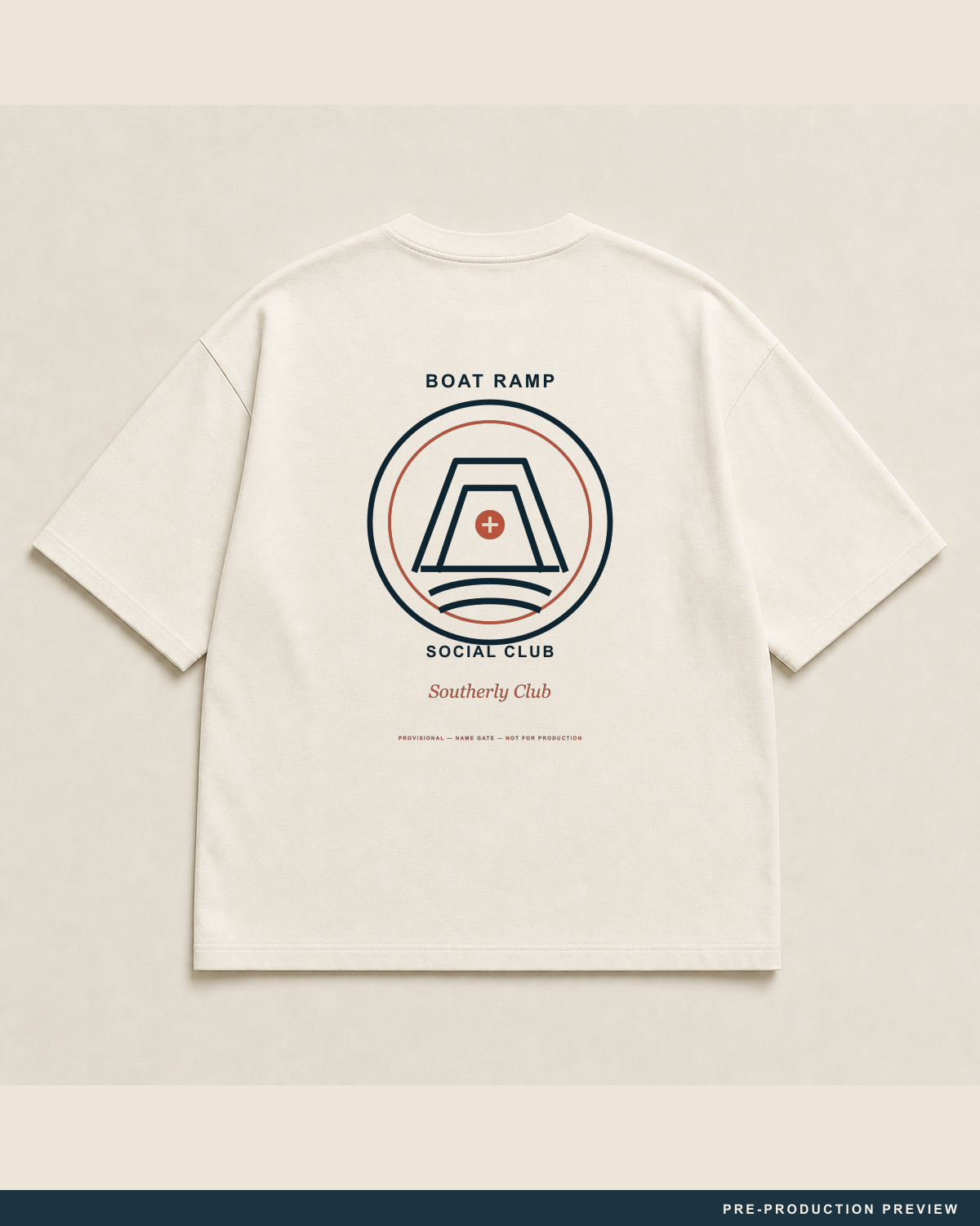 Boat Ramp Social Club Tee, ecru tee, back flat view, Southerly Club