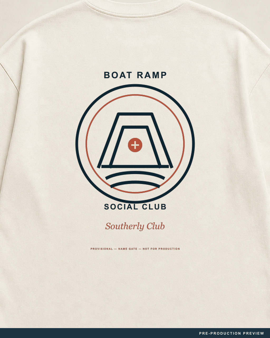 Boat Ramp Social Club Tee, ecru tee, print detail, Southerly Club