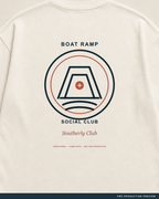 Boat Ramp Social Club Tee, ecru tee, print detail, Southerly Club