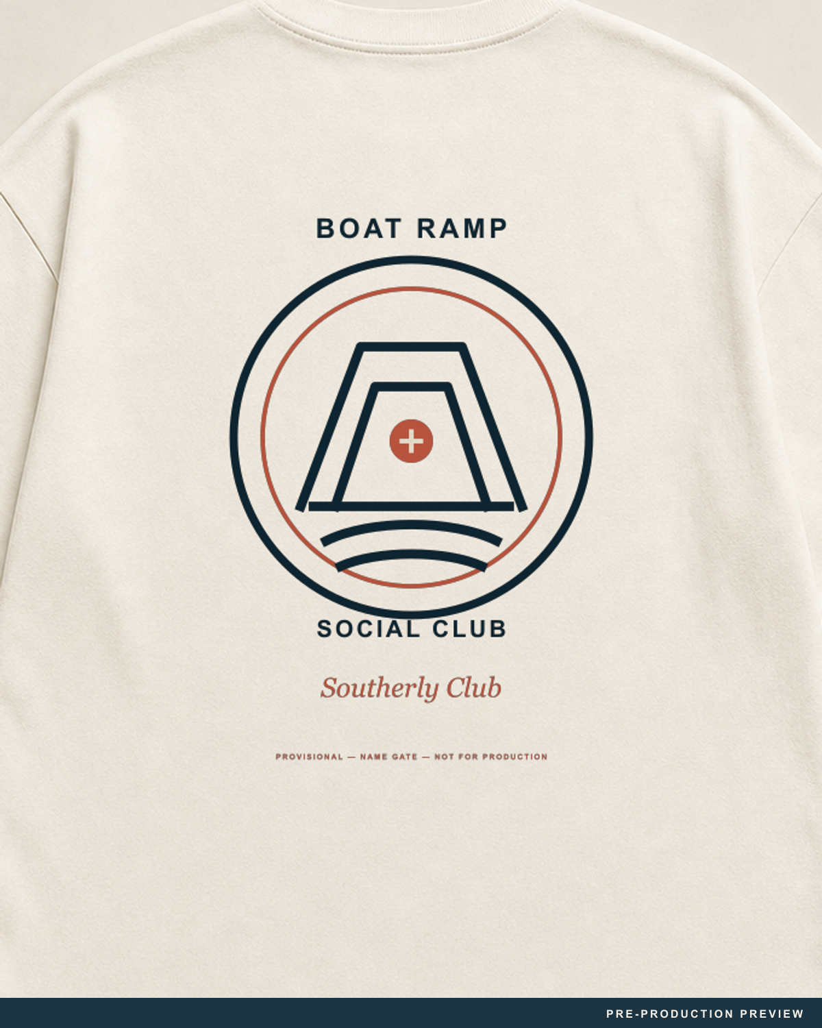 Boat Ramp Social Club Tee, ecru tee, print detail, Southerly Club