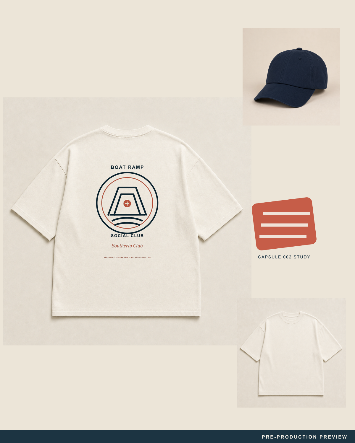 Boat Ramp Social Club Tee, ecru tee, styled flat-lay, Southerly Club