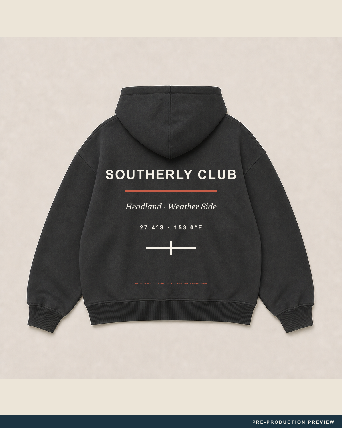 Headland Zip Hood, charcoal zip hoodie, back flat view, Southerly Club