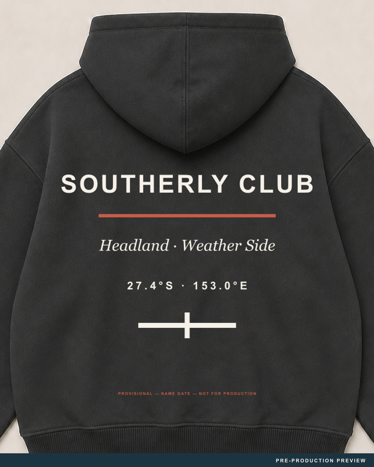 Headland Zip Hood, charcoal zip hoodie, print detail, Southerly Club