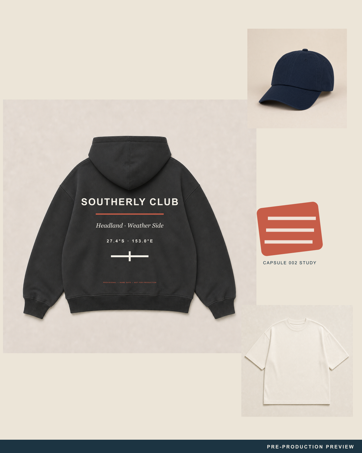Headland Zip Hood, charcoal zip hoodie, styled flat-lay, Southerly Club