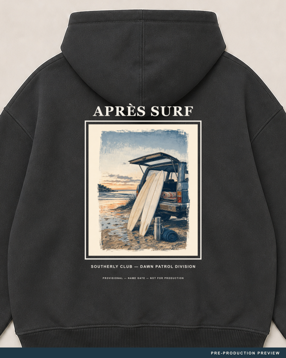 Après Surf Hoodie, coal hoodie, print detail, Southerly Club