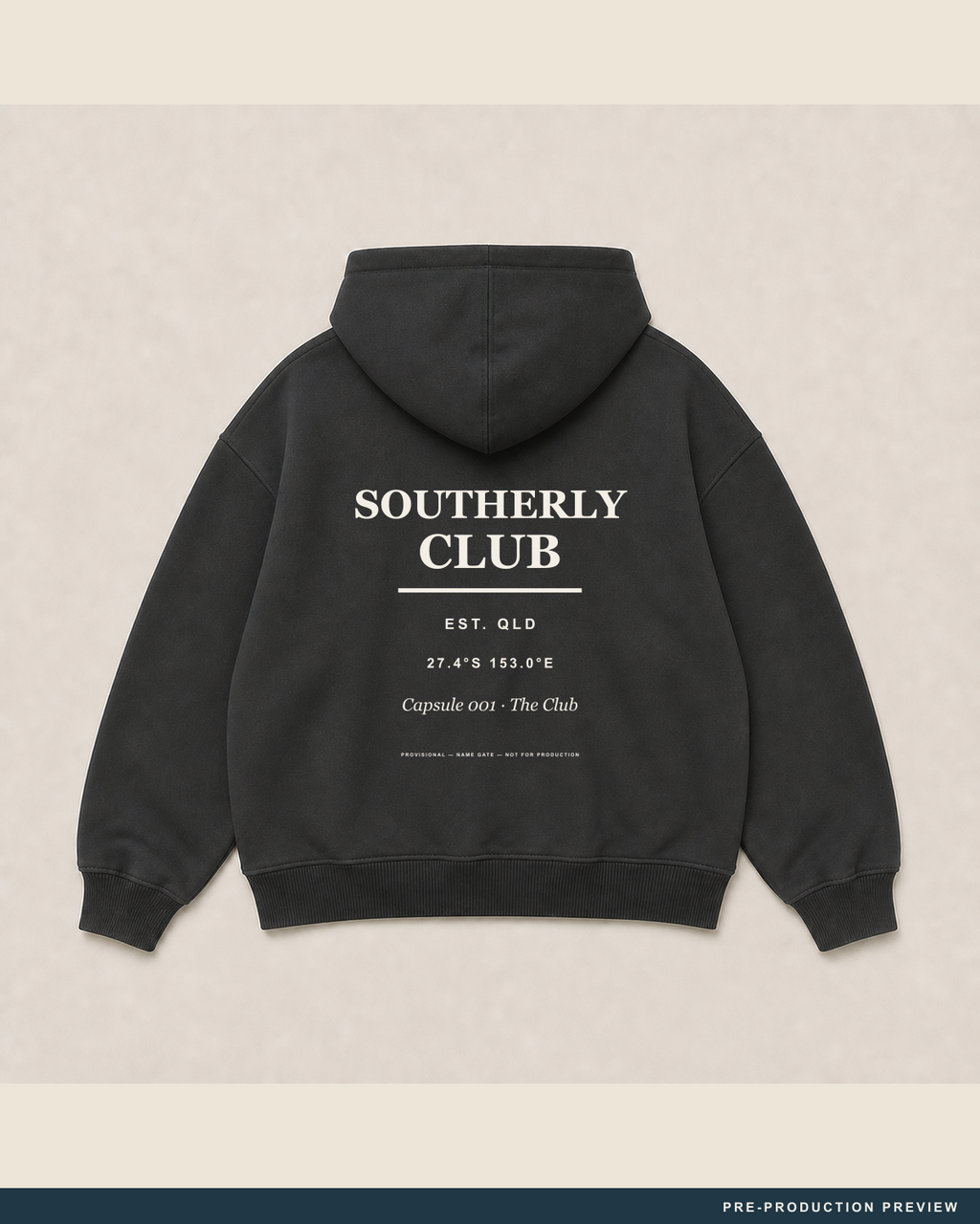 Southerly Club Hoodie, coal hoodie, back flat view, Southerly Club