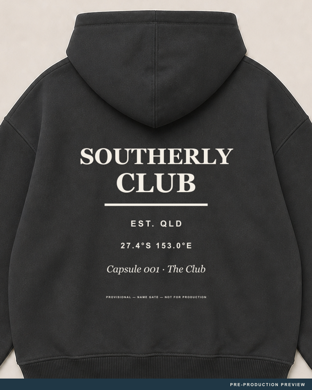 Southerly Club Hoodie, coal hoodie, print detail, Southerly Club