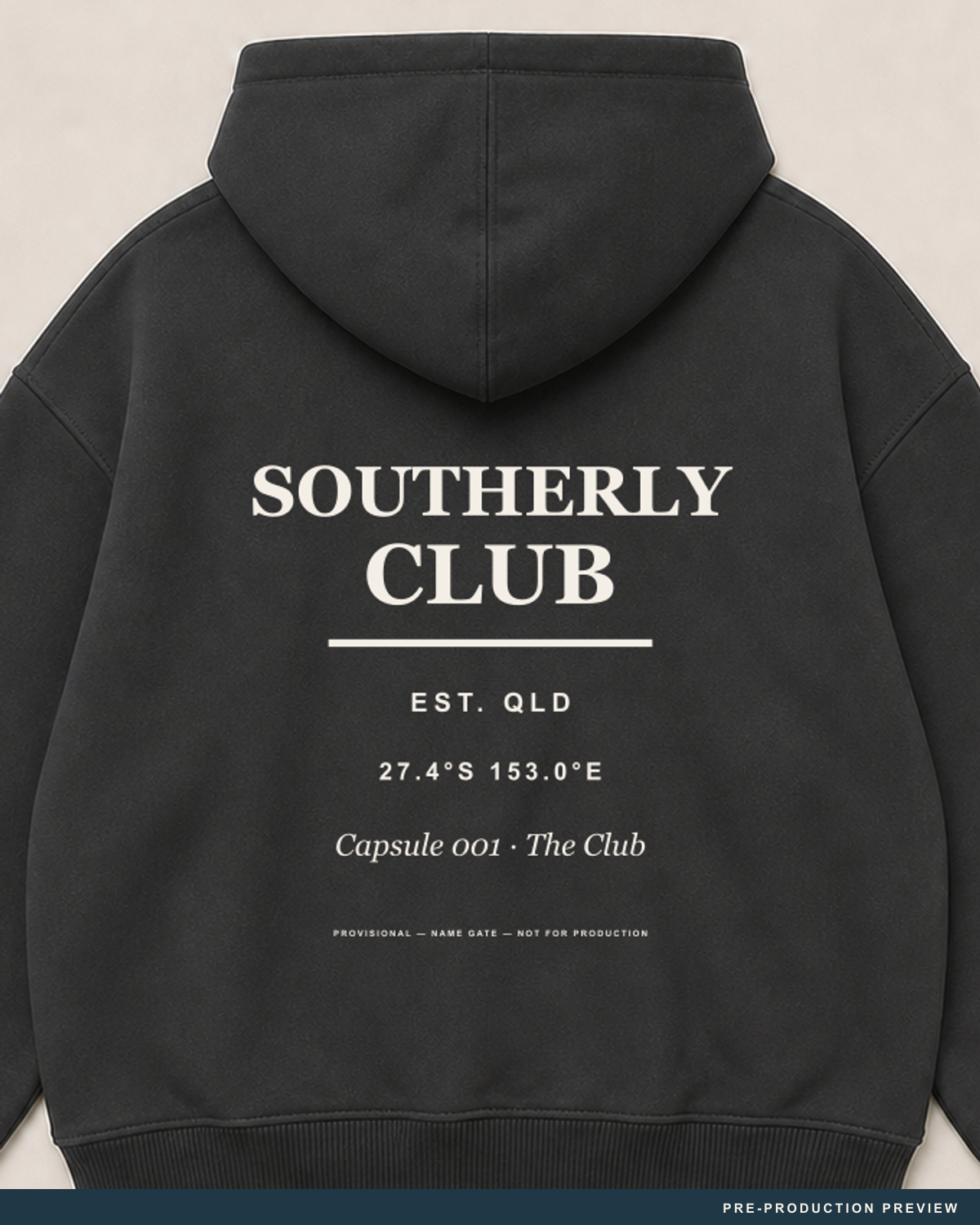 Southerly Club Hoodie, coal hoodie, print detail, Southerly Club