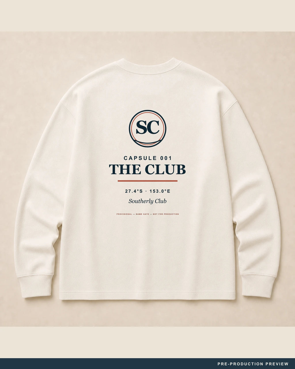 Southerly Club Longsleeve, ecru long-sleeve tee, back flat view, Southerly Club