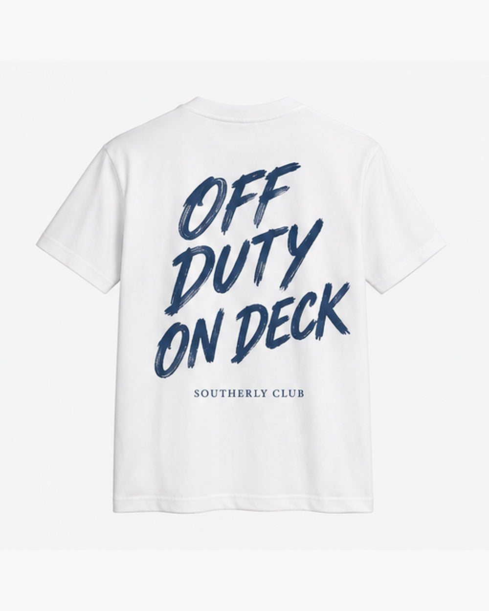 Off Duty On Deck Tee, white, back view. Generated pre-production design preview.