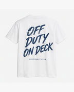 Off Duty On Deck Tee, white, back view. Generated pre-production design preview.