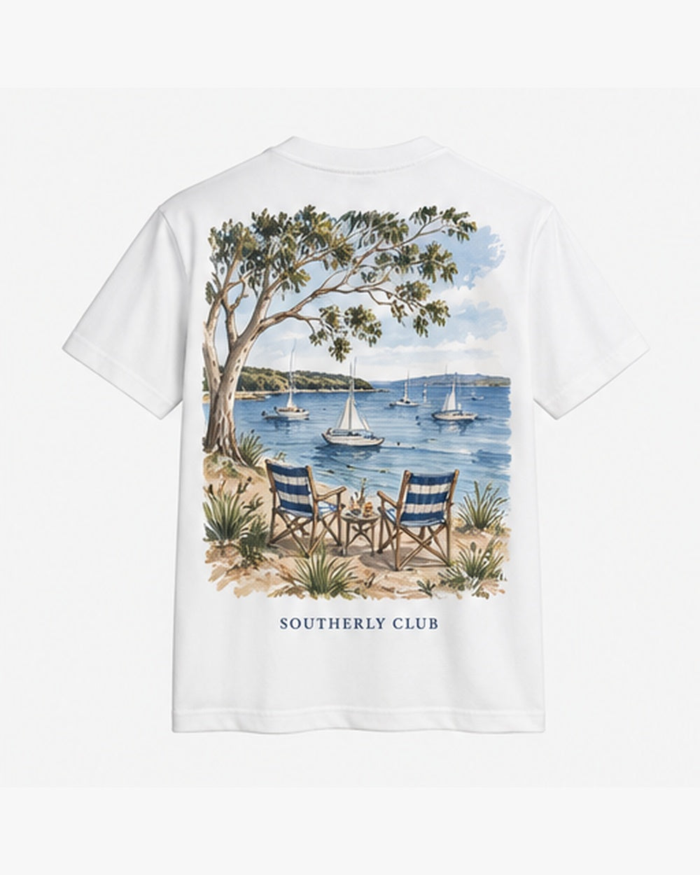 Bay Table Tee, white, back view. Generated pre-production design preview.