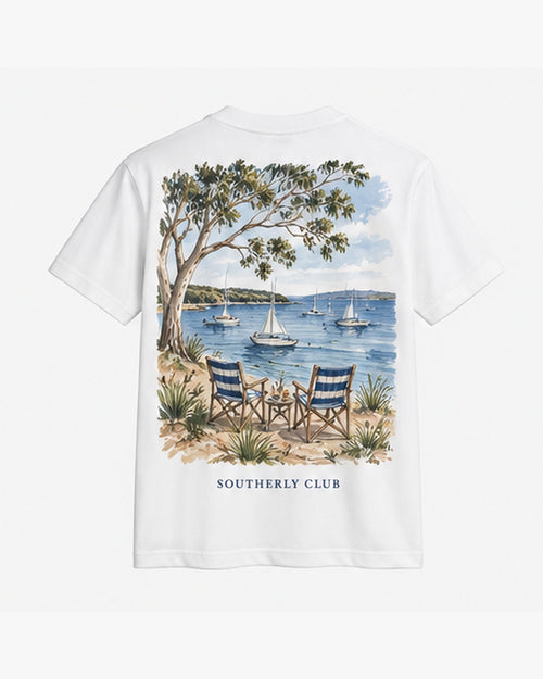 Bay Table Tee, white, back view. Generated pre-production design preview.