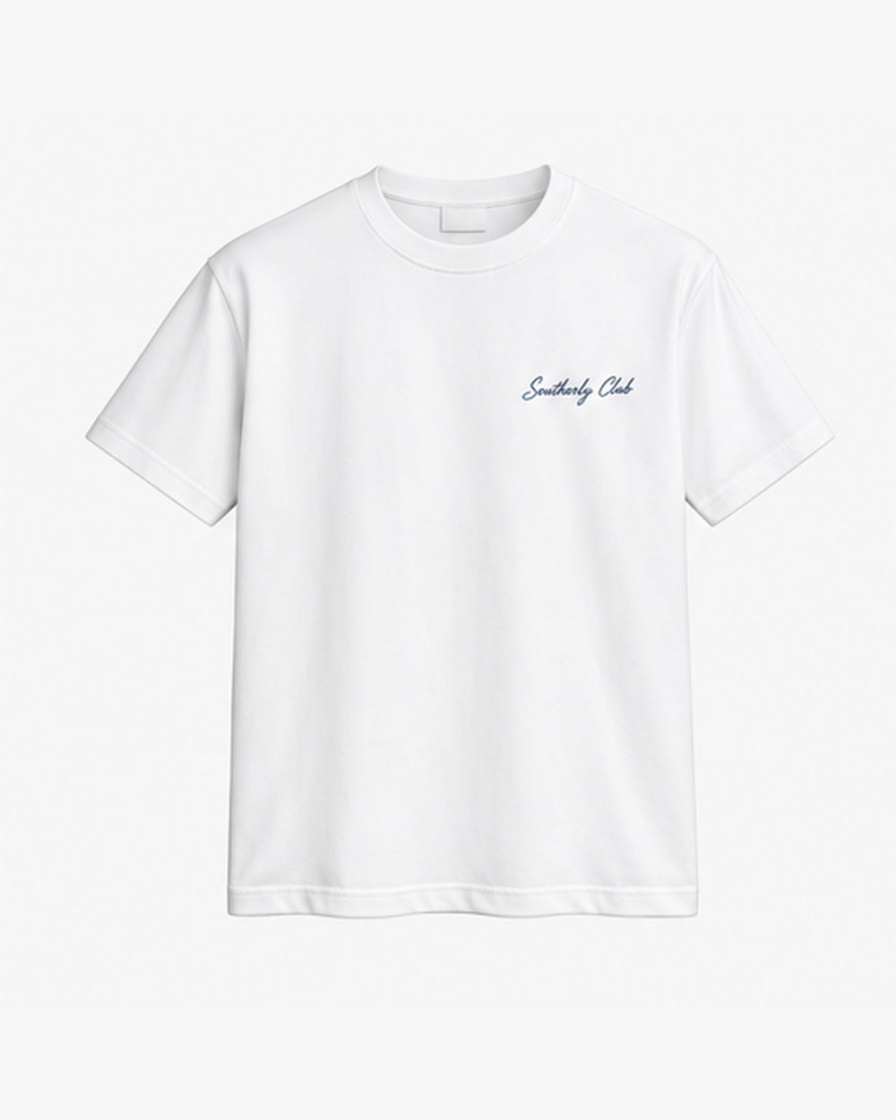 Bay Table Tee, white, front view. Generated pre-production design preview.
