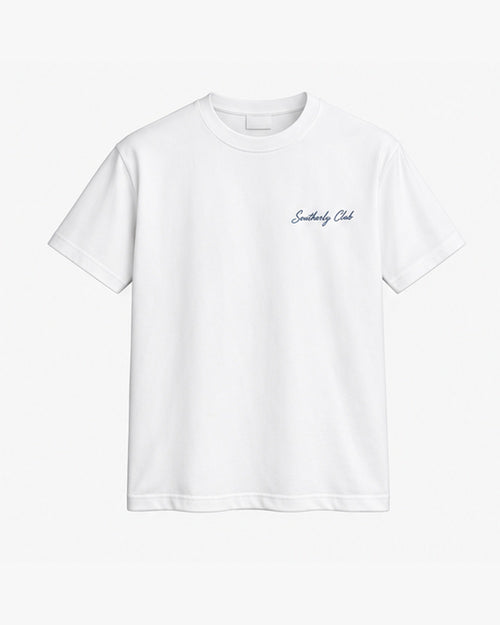 Bay Table Tee, white, front view. Generated pre-production design preview.