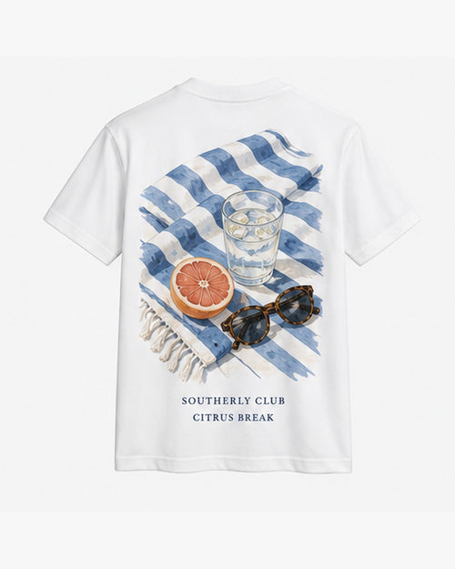 Citrus Break Tee, white, back view. Generated pre-production design preview.