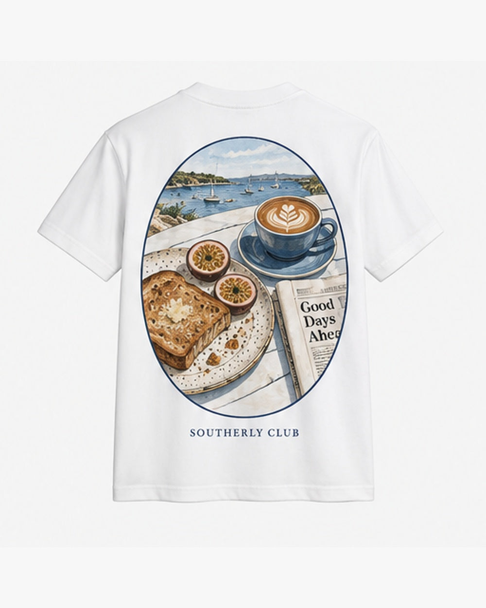 Early Ferry Tee, white, back view. Generated pre-production design preview.