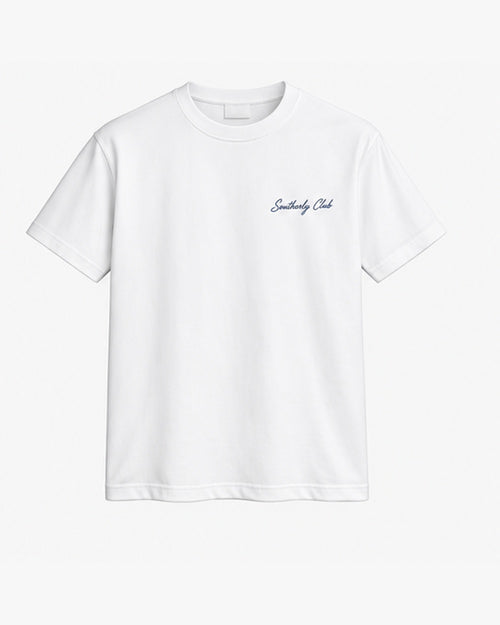 Early Ferry Tee, white, front view. Generated pre-production design preview.