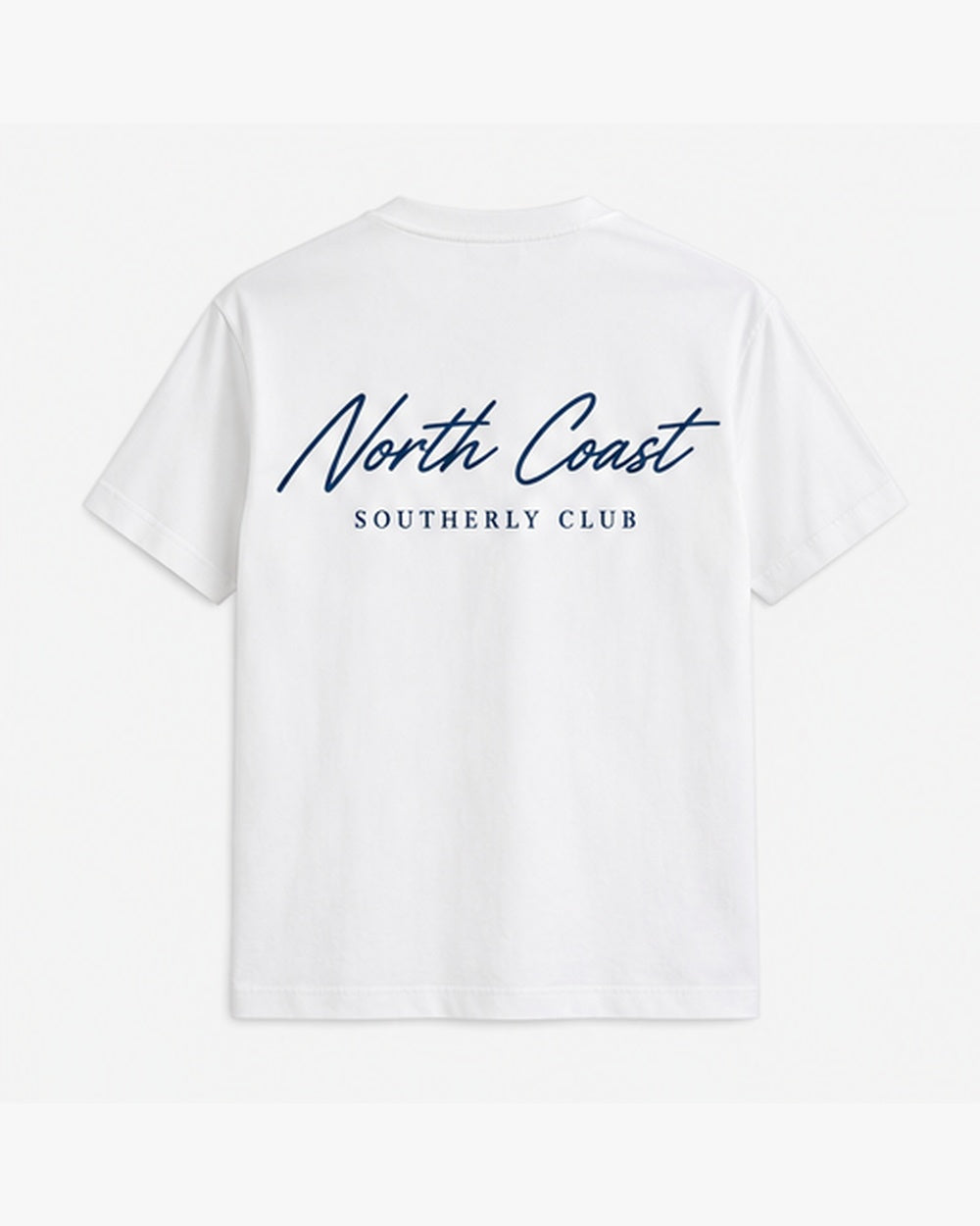 North Coast Letter Tee, white, back view. Generated pre-production design preview.