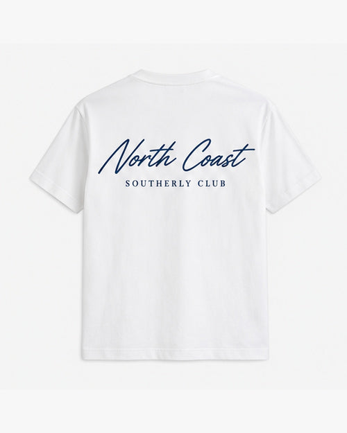 North Coast Letter Tee, white, back view. Generated pre-production design preview.